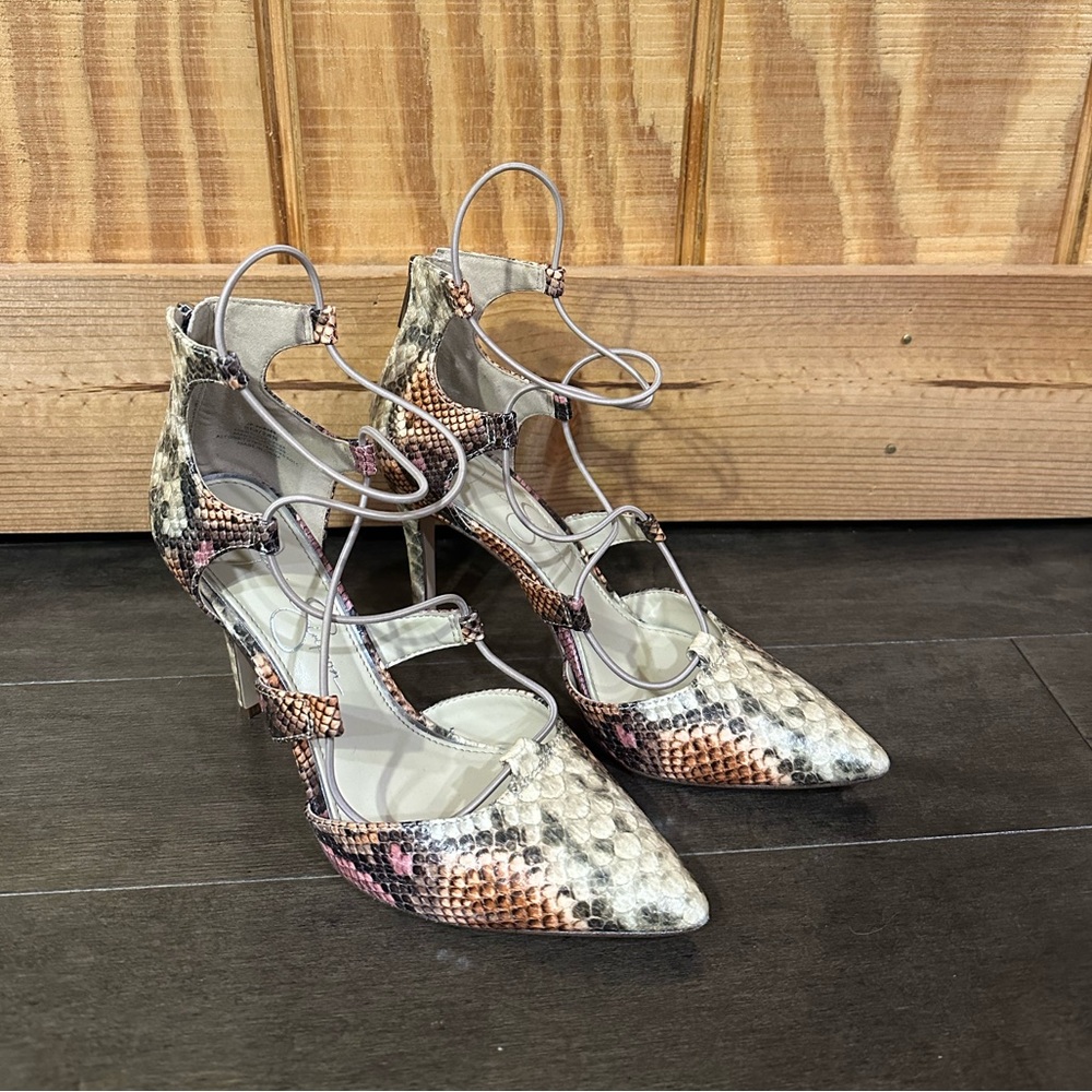 JESSICA SIMPSON Snakeskin Pointed Toe Strappy Pump